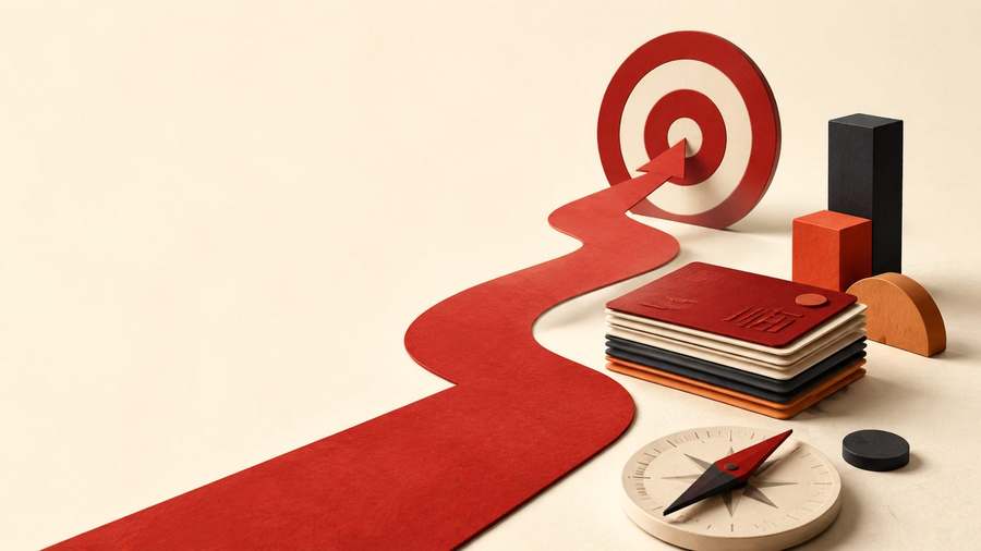 Chemin rouge menant vers une cible avec boussole et cartes organisées, symbole de détermination.