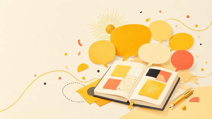 Composition jaune avec bulles de dialogue et carnet ouvert, symbolisant l'enthousiasme et la communication.
