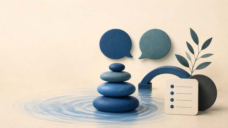 Pierres bleues équilibrées, ondulations d'eau et bulles de dialogue, symboles de stabilité et d'écoute.