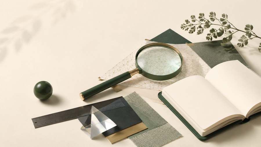 Loupe verte, carnet, règle et matières organisées, symboles d'analyse et de sens du détail.